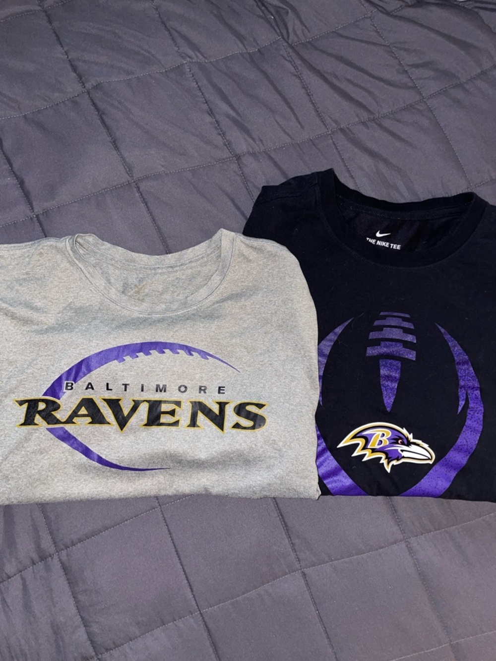 Bundle: Two Nike Baltimore Ravens Dri-Fit Short Sleeve Tees. Gray/Black. Men’s L